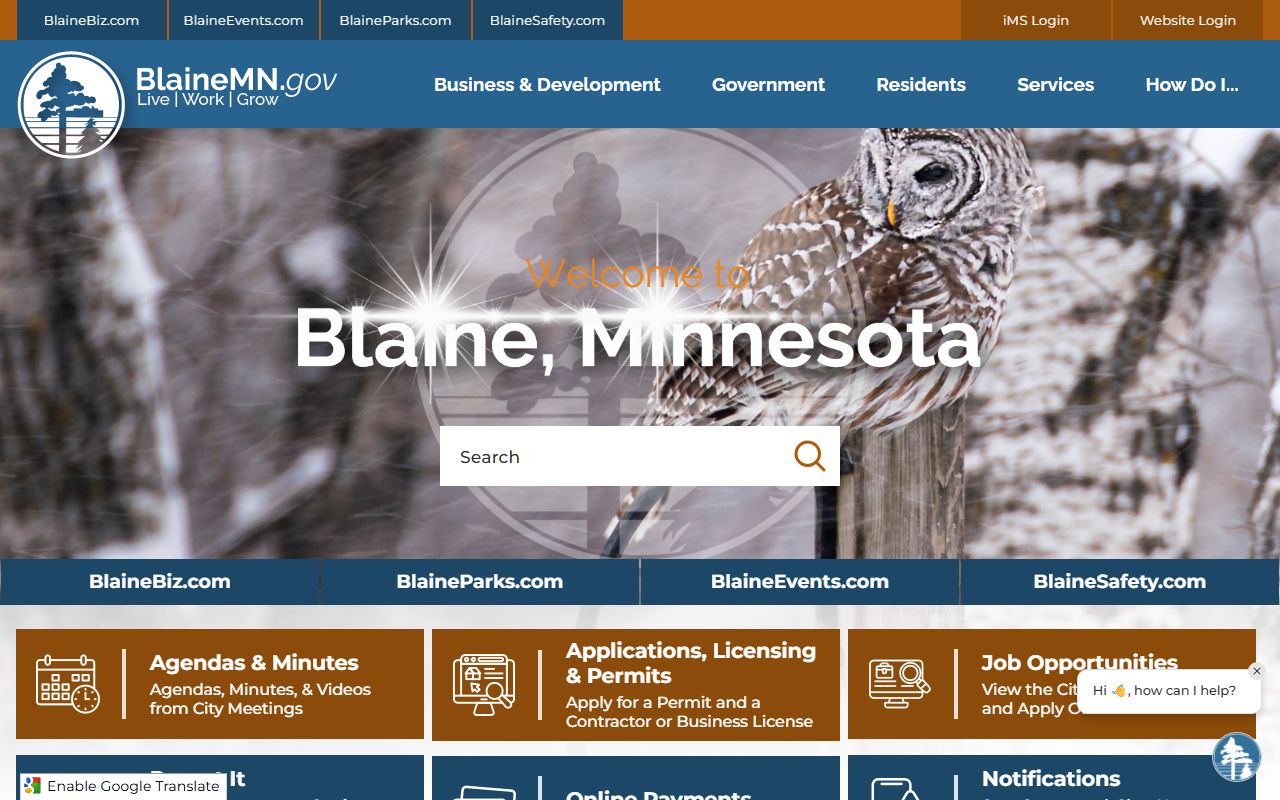 Blaine city website showing police and public records information for the Blaine police blotter