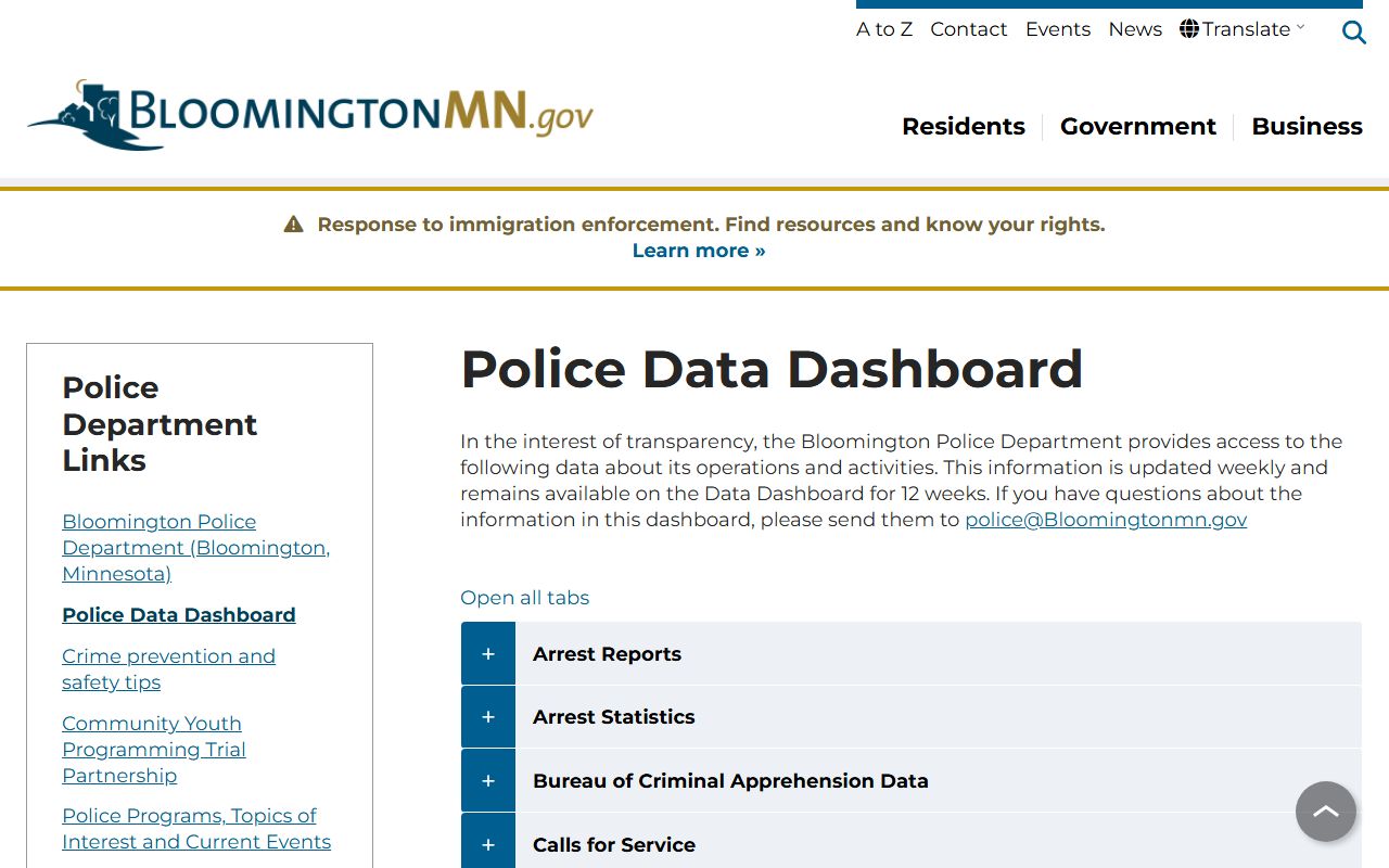 Bloomington Police data dashboard - police blotter statistics and arrest data