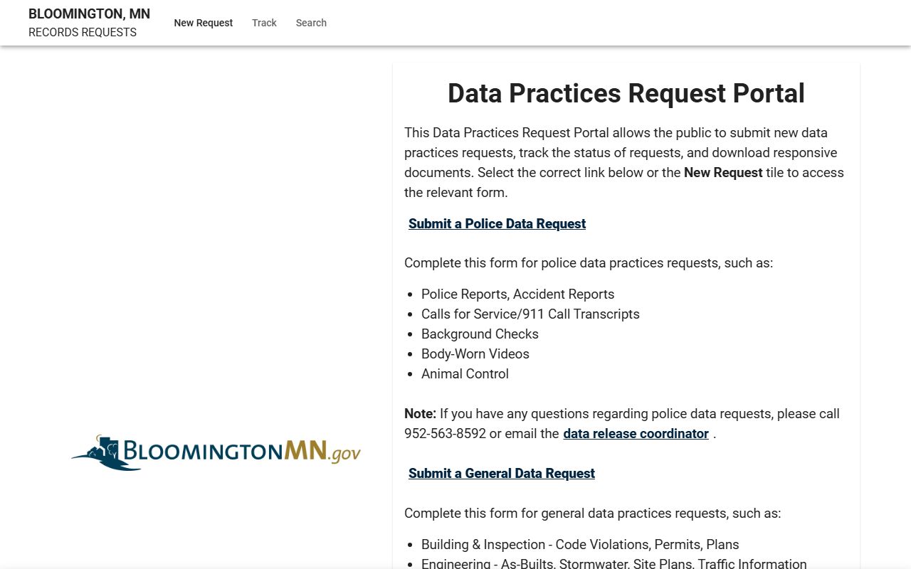 Bloomington JustFOIA records request portal - police blotter request form