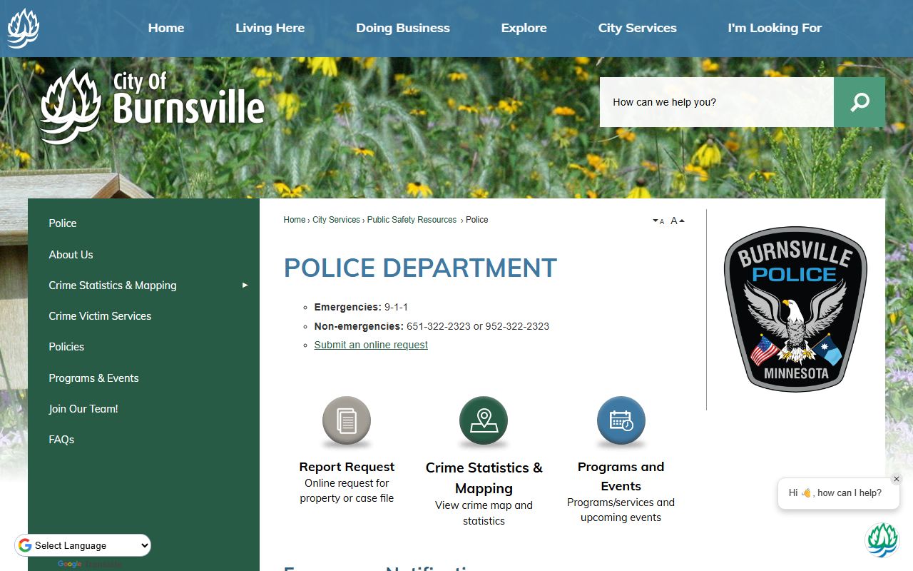 Burnsville Police Department website page for police blotter and public records access