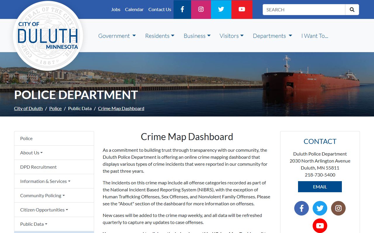 Duluth crime map dashboard - interactive police blotter data by location