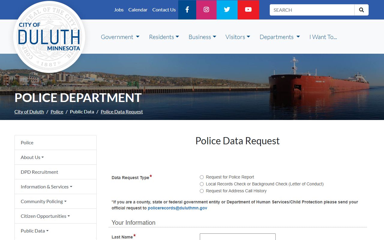 Duluth Police data request page - police blotter records request form