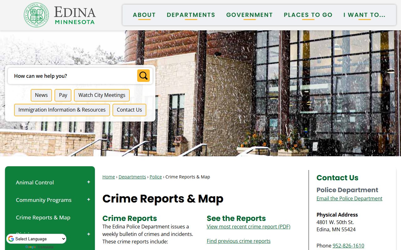 Edina Citizen Connect crime reports map for police blotter data in Edina