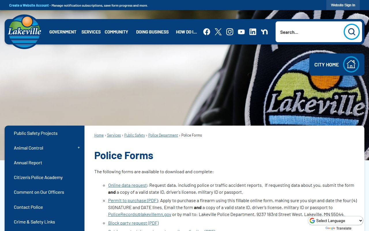 Lakeville Police Department forms page for records requests and police blotter data