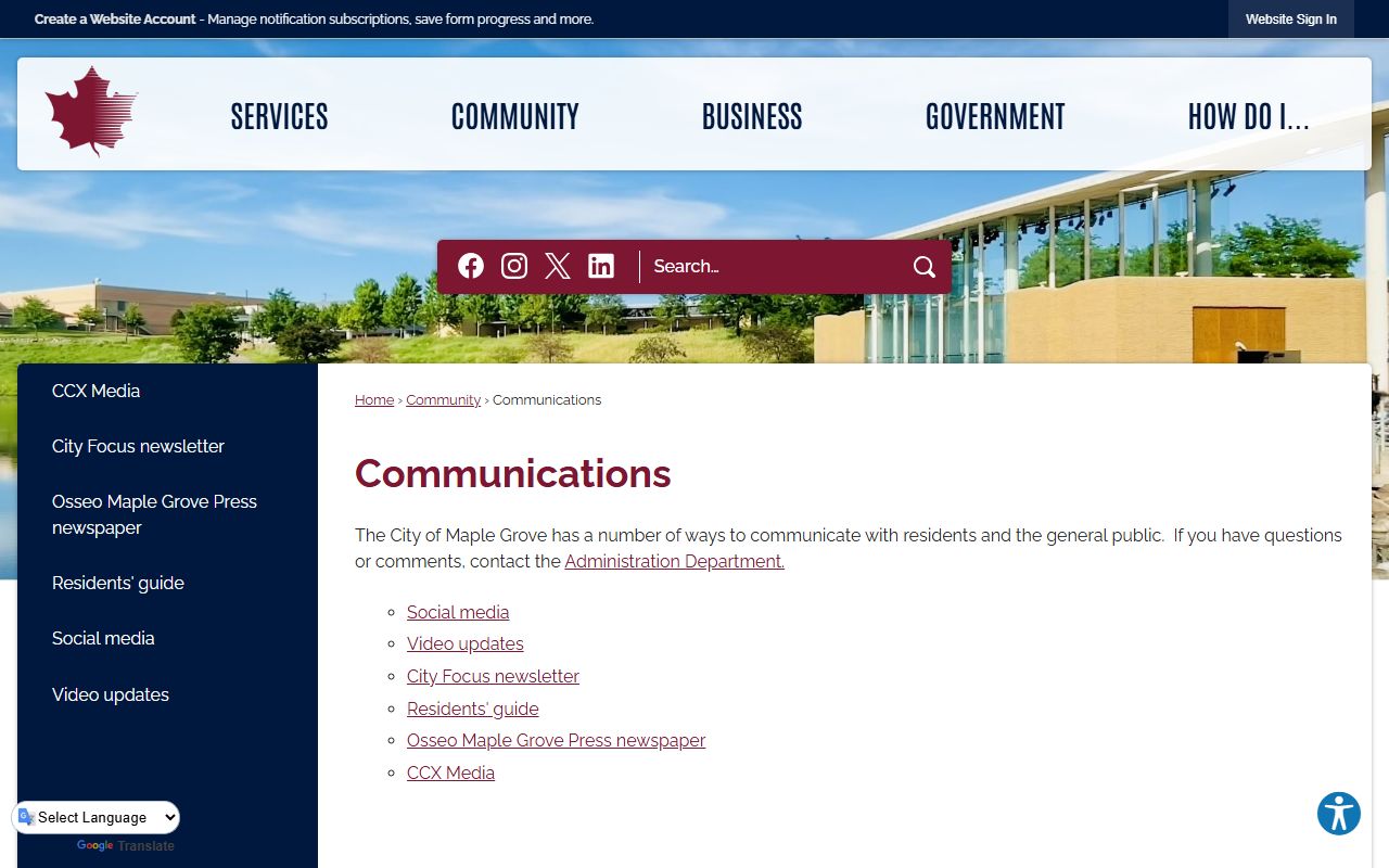 Maple Grove city communications page for police department contact and police blotter access