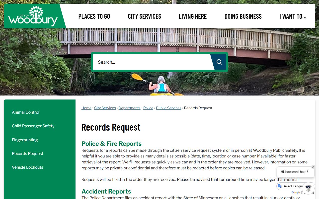 Woodbury records request page - police blotter records form