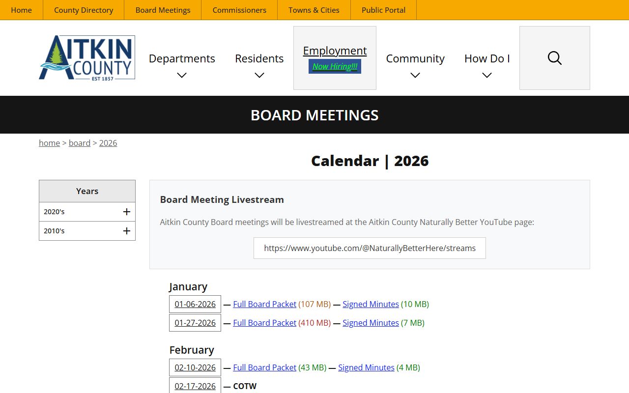 Aitkin County board page where police blotter incident logs are published