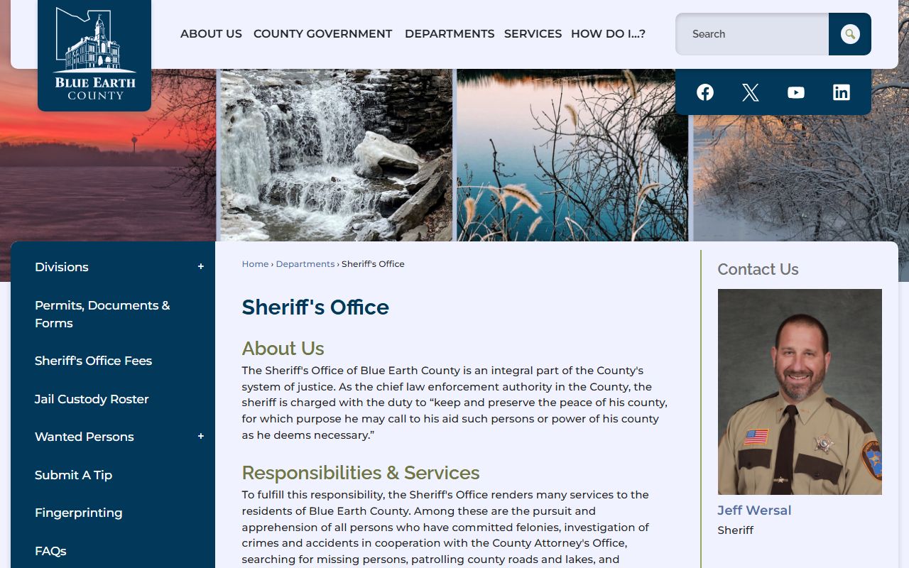 Blue Earth County Sheriff's Office page showing police blotter access and records request procedures