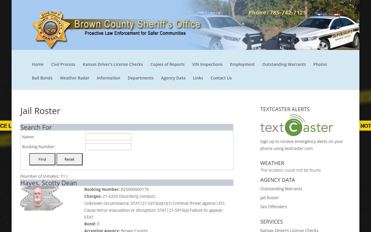 Brown County Sheriff's Office jail roster showing current inmates and police blotter booking data