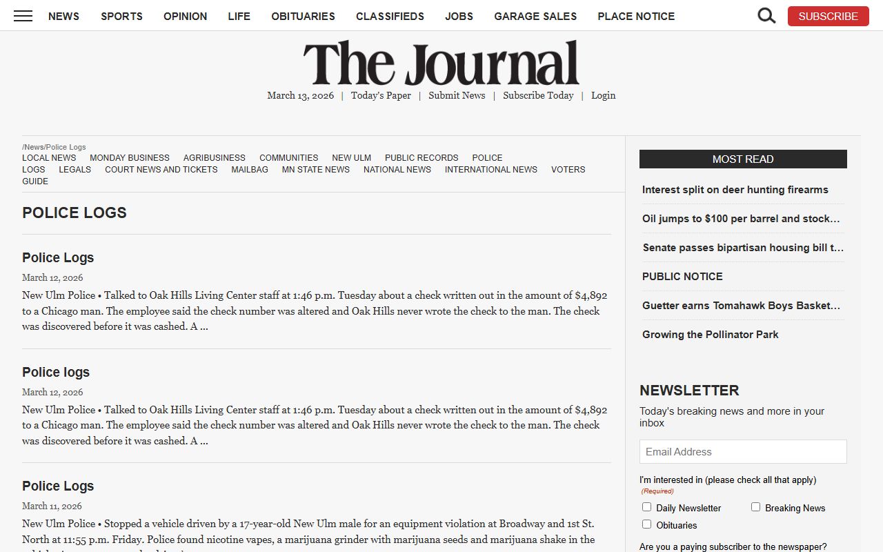 New Ulm Journal police logs page showing Brown County police blotter and incident reports