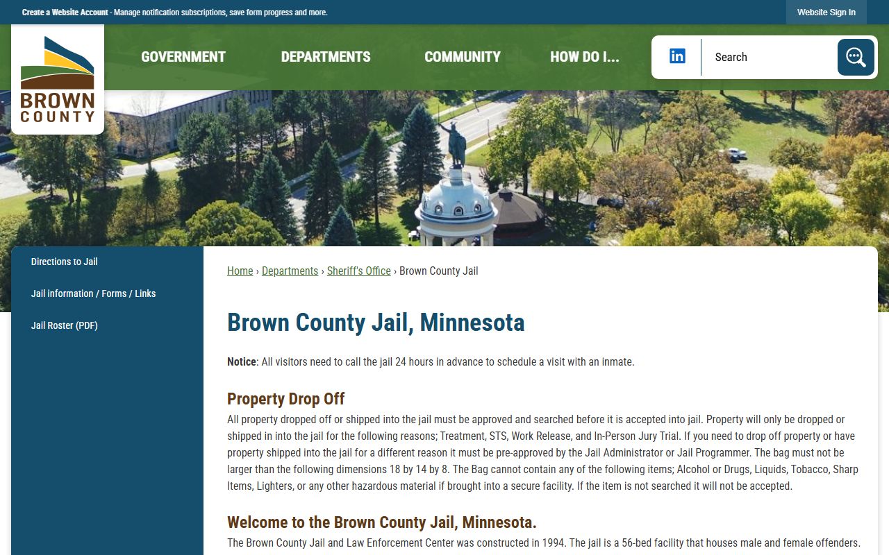 Brown County Jail information page showing inmate programs and visitation rules for police blotter context