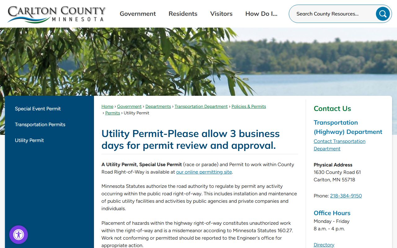 Carlton County Sheriff's Office page showing police blotter access and law enforcement contacts