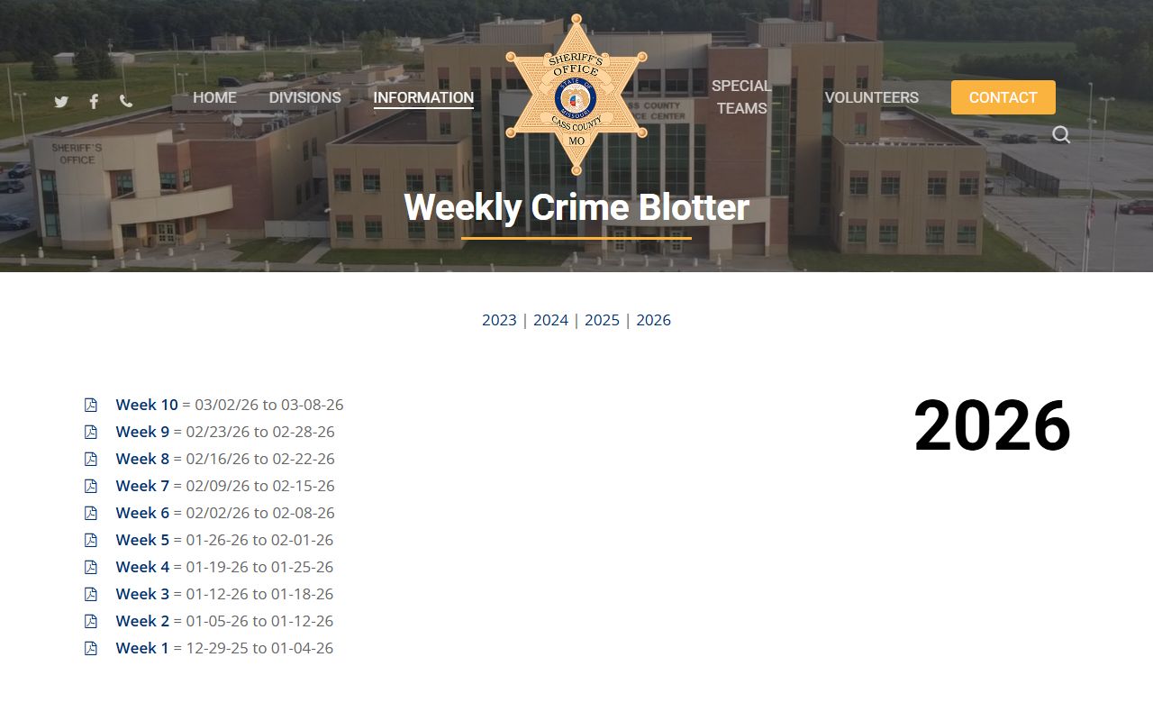 Cass County Sheriff's Office homepage showing police blotter and records access