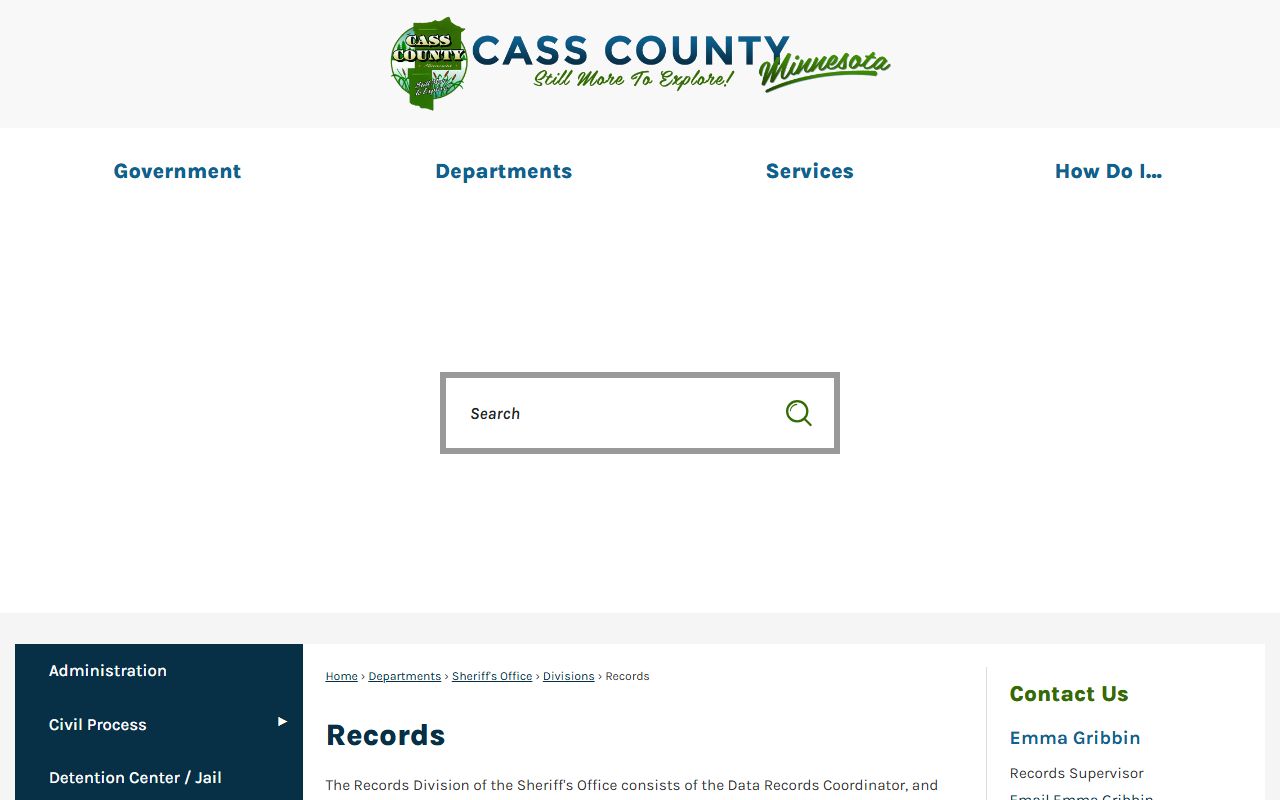 Cass County Records Division page showing services and staff information