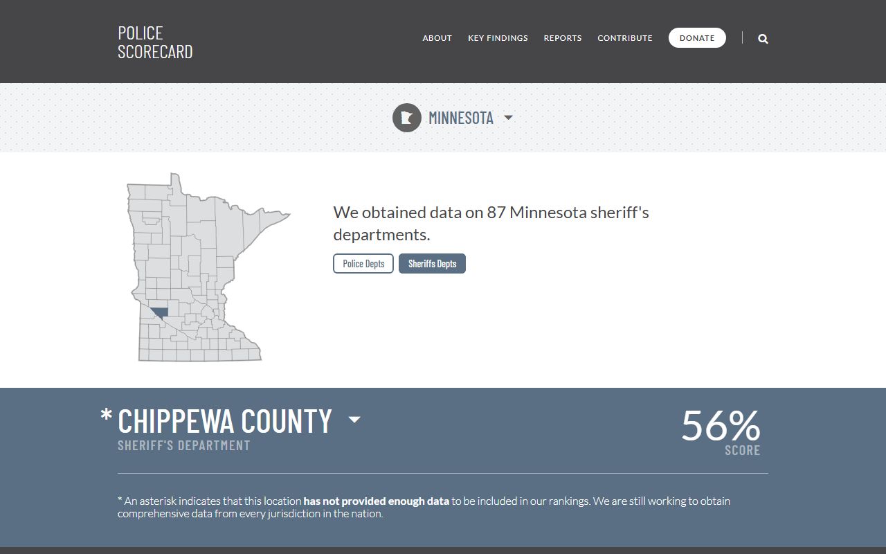 Police Scorecard for Chippewa County showing law enforcement data and activity