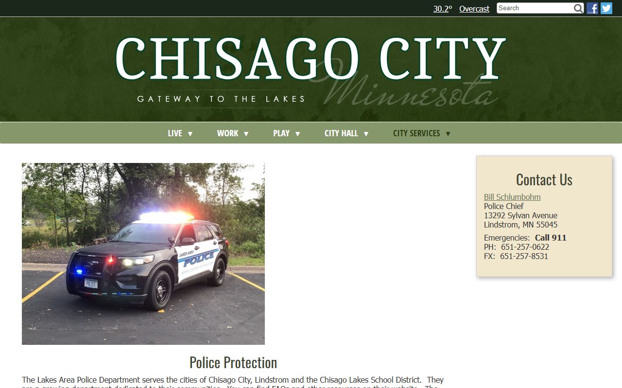Chisago City Police Department page showing contact information and services