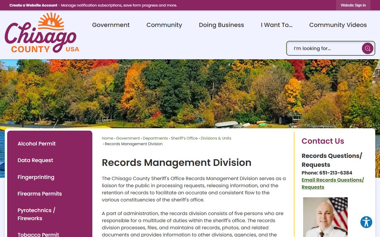 Chisago County Sheriff Records Management Division page showing services and fee schedule