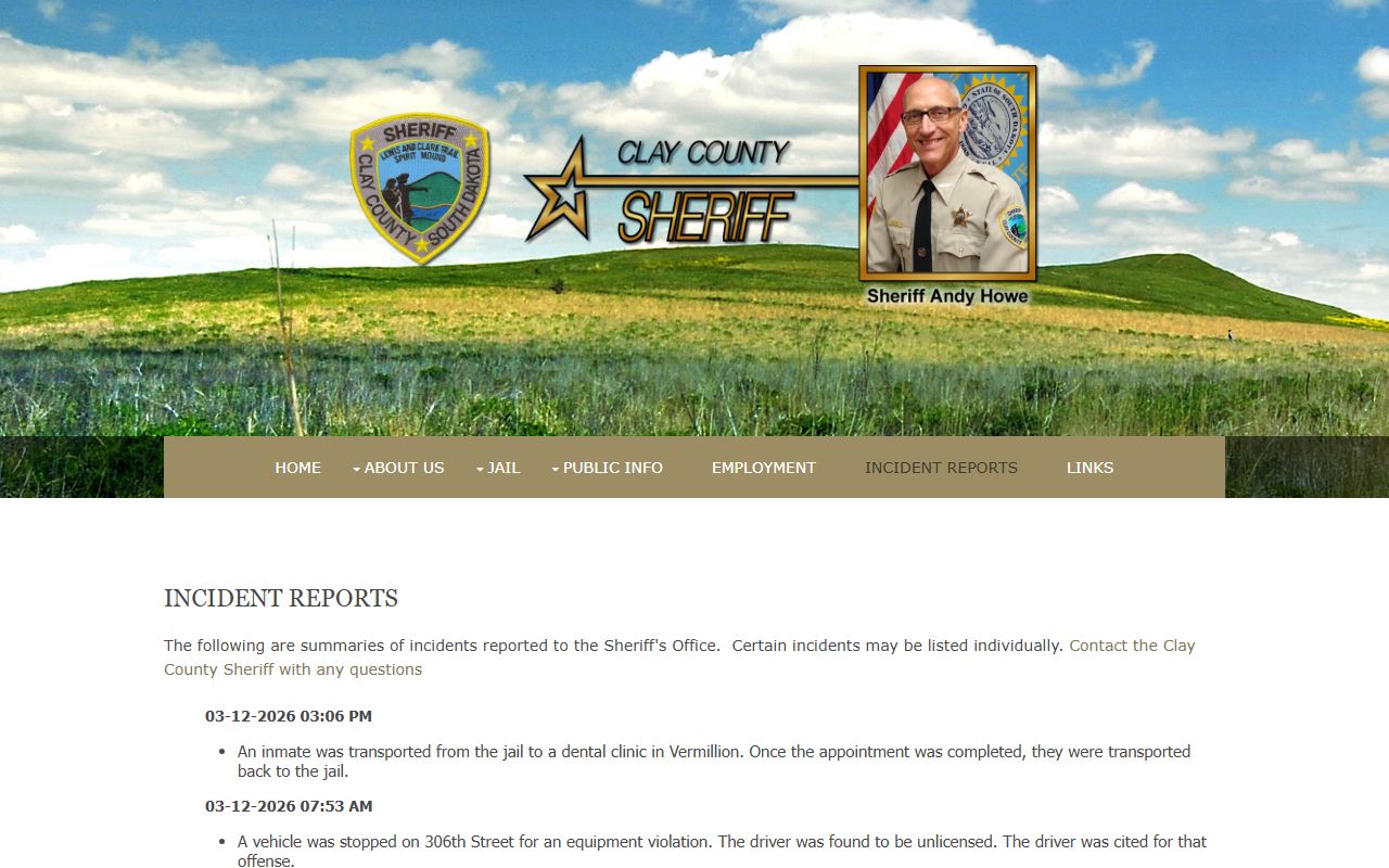 Clay County Sheriff's Office homepage showing incident reports and police blotter access