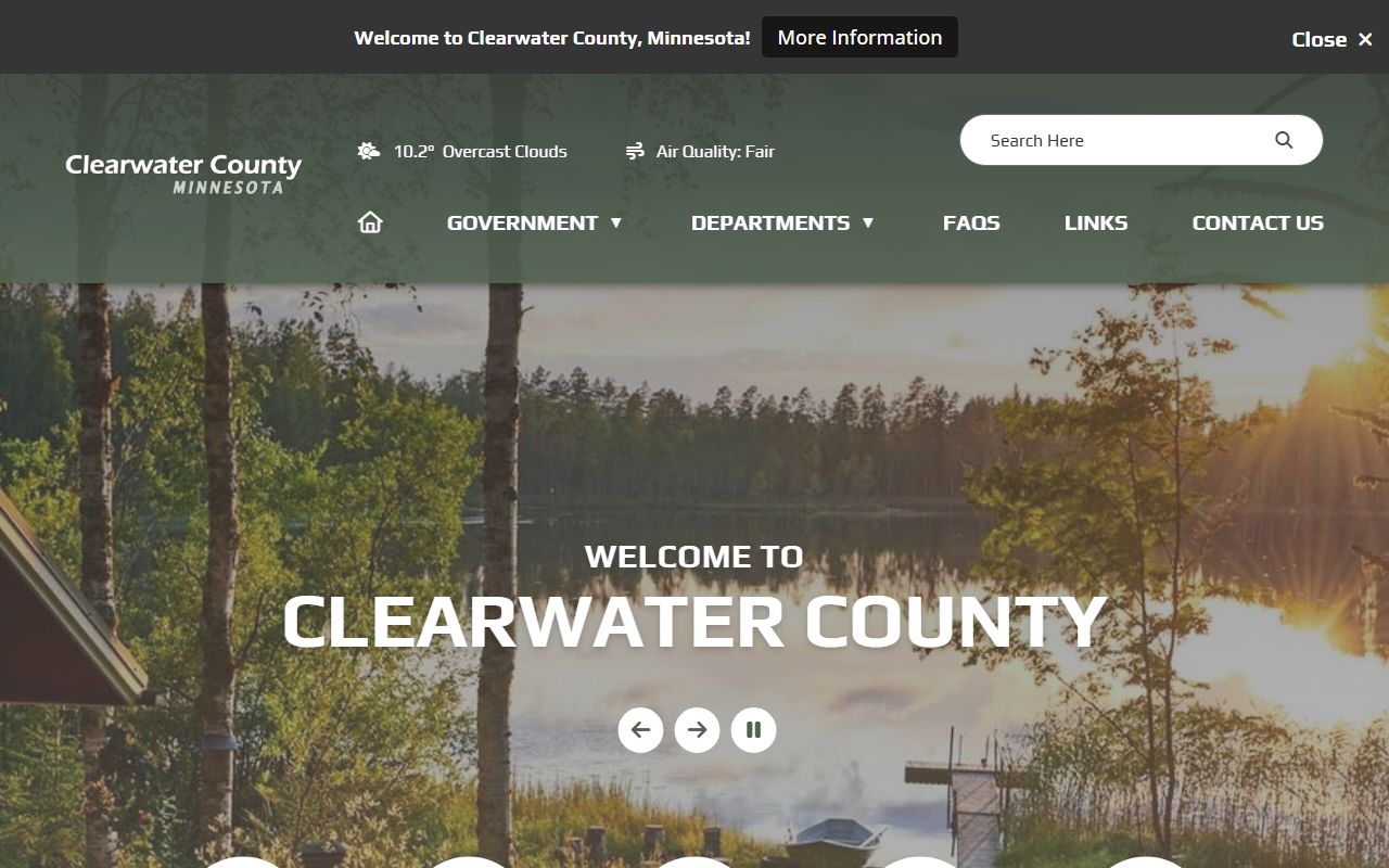 Clearwater County homepage showing Sheriff's Office access and county departments
