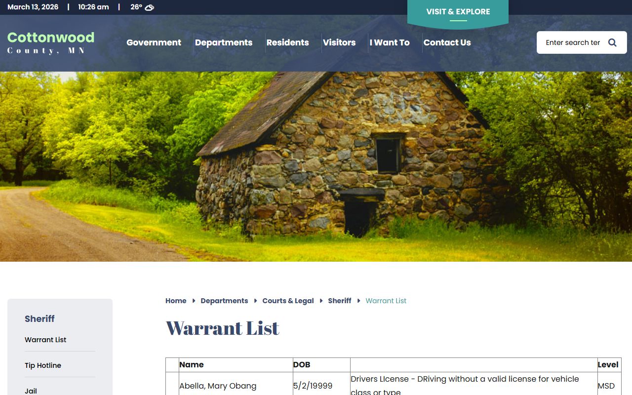Cottonwood County Sheriff warrant list page showing public warrant data by category