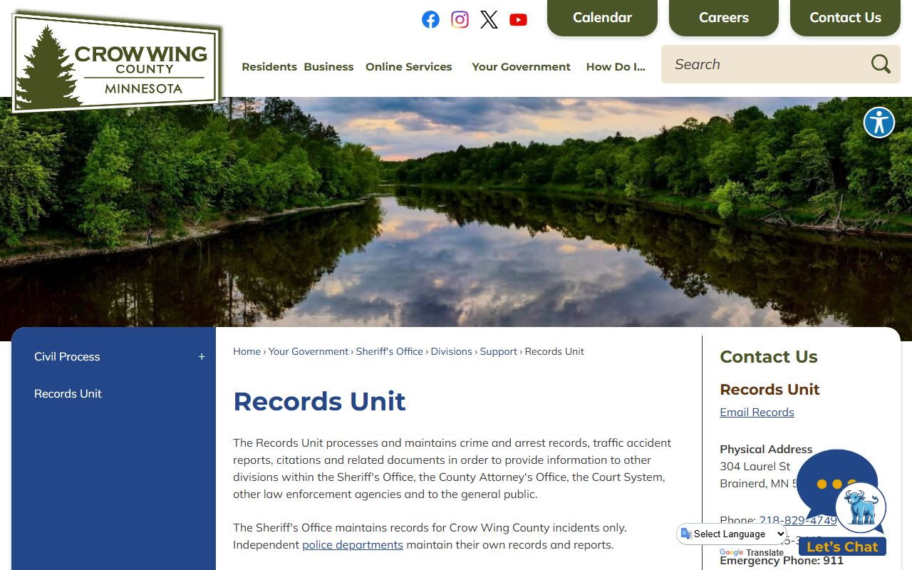 Crow Wing County Sheriff Records Unit page showing police blotter request procedures