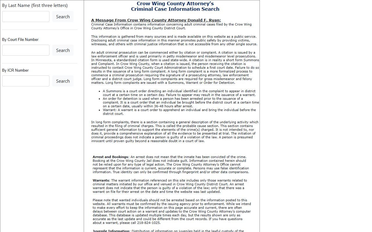 Crow Wing County LENS portal for criminal case searches and warrant lookup