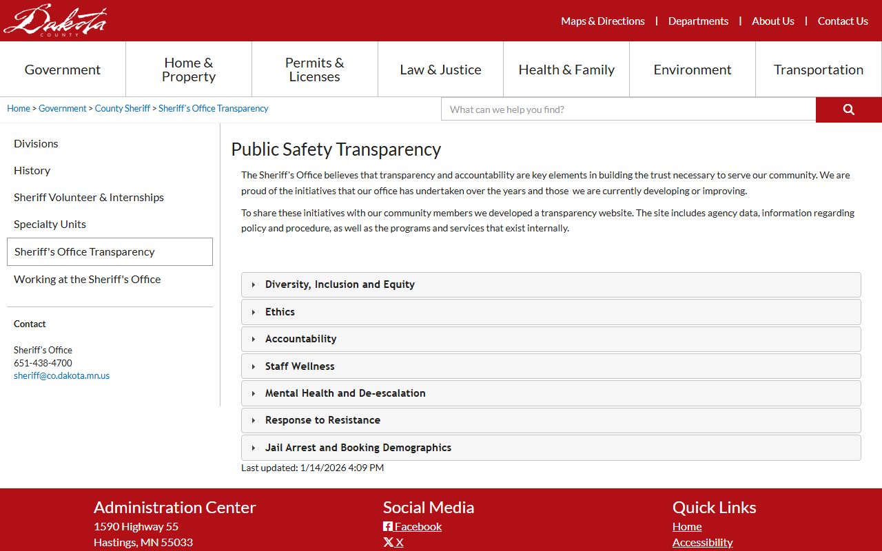 Dakota County Sheriff transparency portal showing police blotter data and public safety records