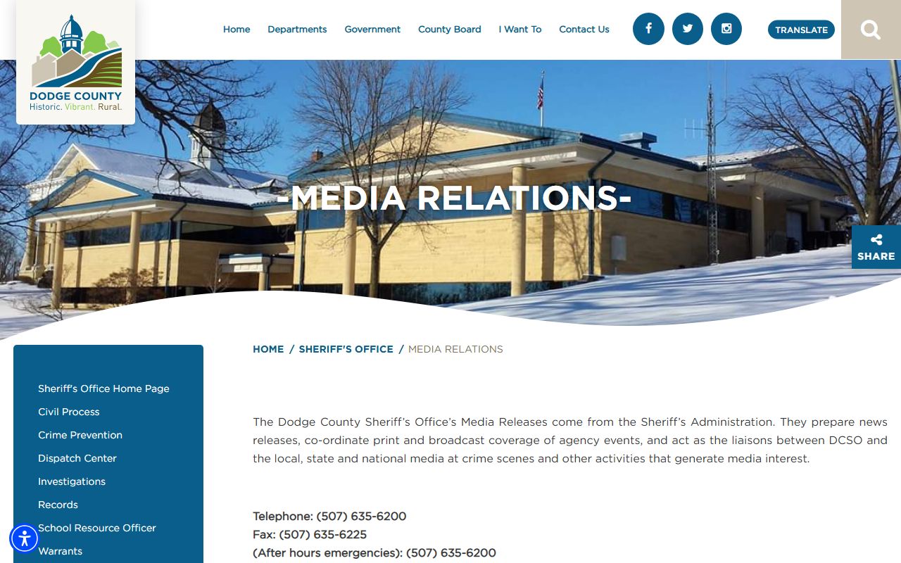 Dodge County Sheriff media relations page showing police blotter release policy and contact information