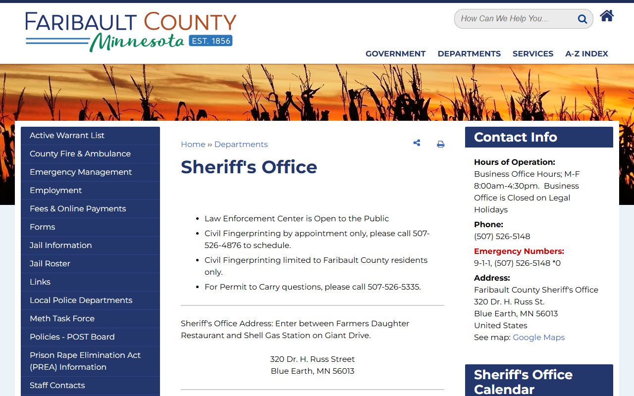 Faribault County Sheriff's Office page showing police blotter and records services