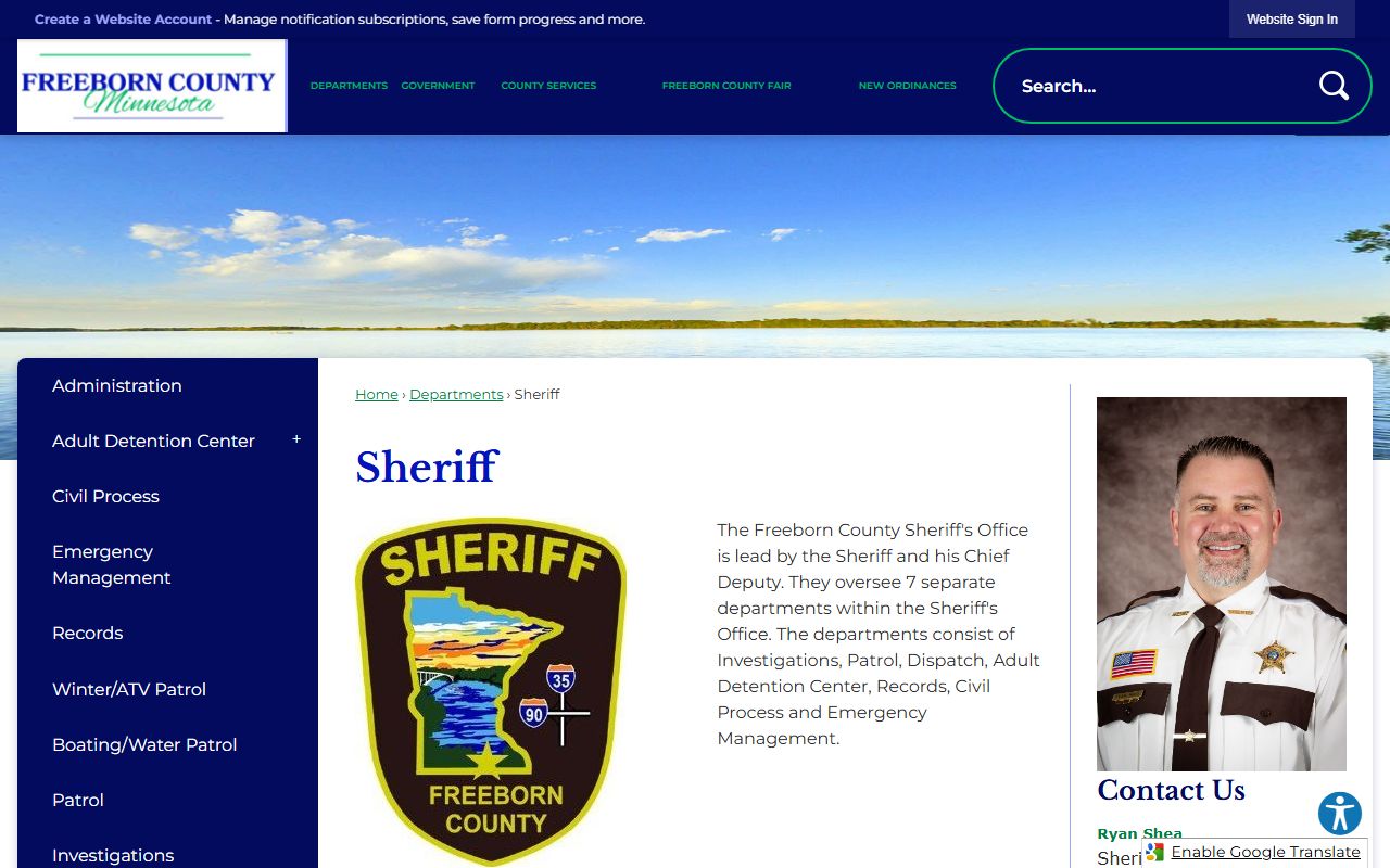 Freeborn County Sheriff's Office page with police blotter and records request information