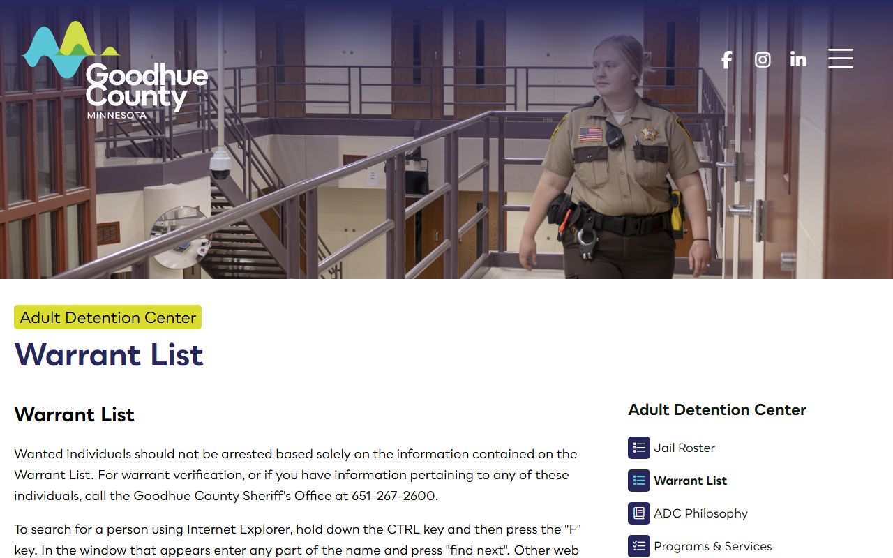 Goodhue County Sheriff's Office page showing police blotter and warrant list database
