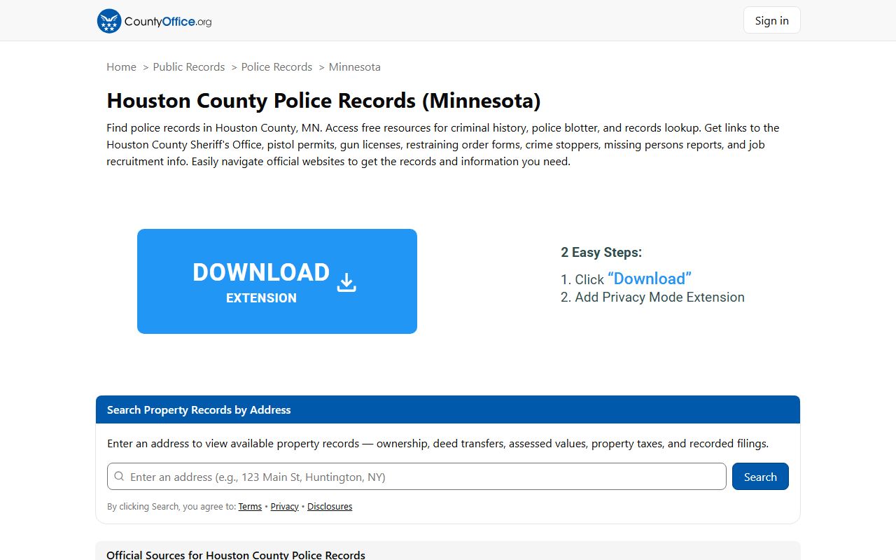Houston County police records portal showing police blotter and records access information