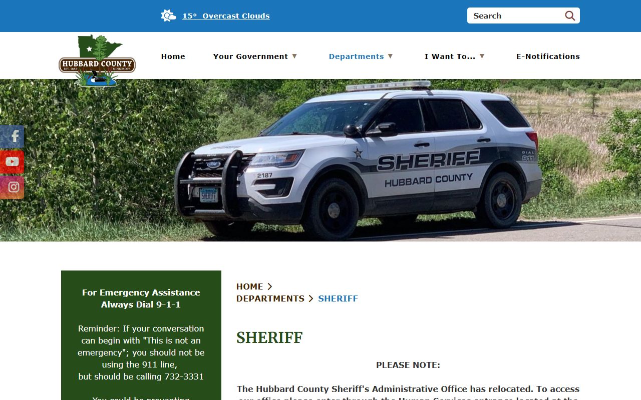 Hubbard County Sheriff's Office page showing police blotter records and department services
