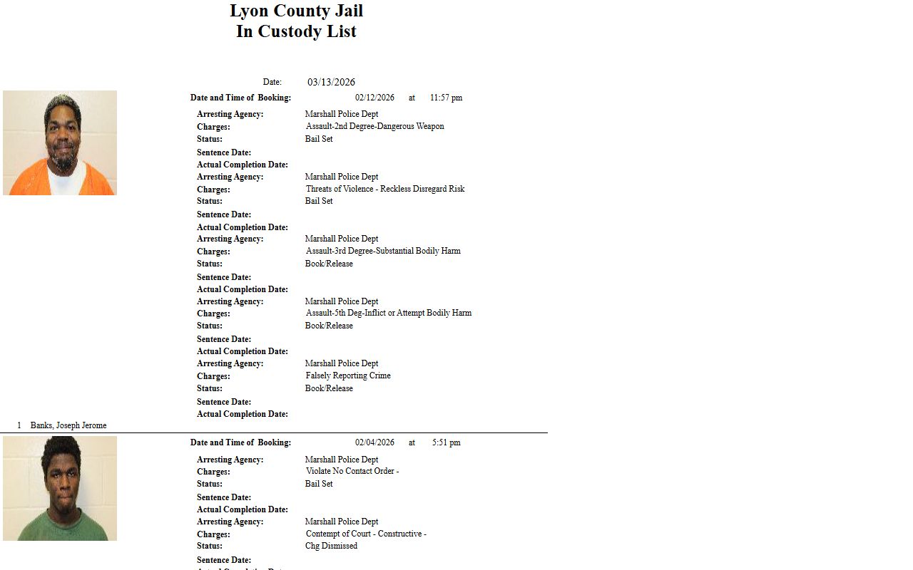 Lyon County Jail In-Custody List showing current detainees