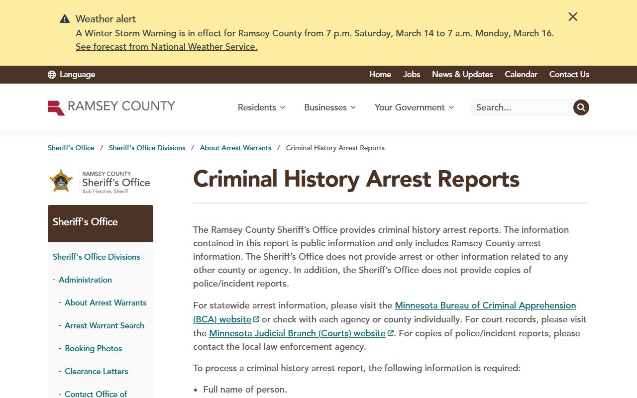 Ramsey County criminal history arrest reports page
