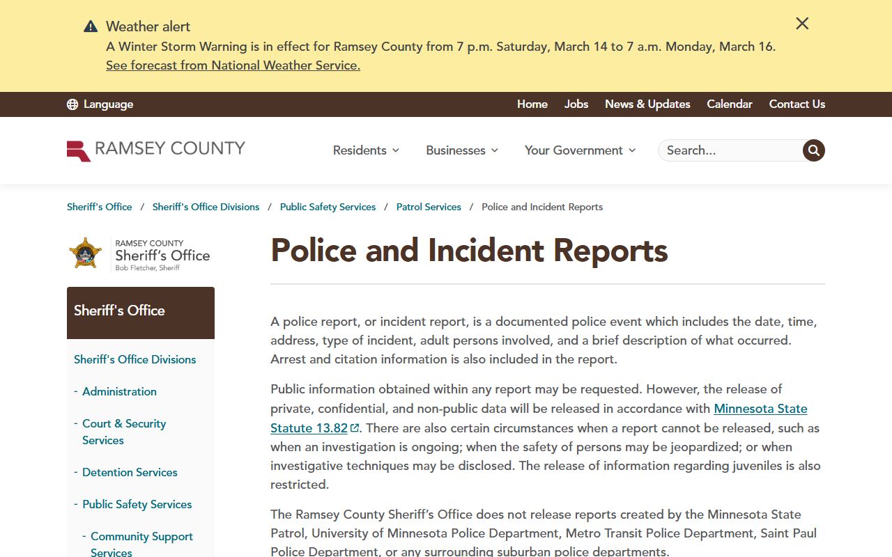 Ramsey County Sheriff police incident reports request page