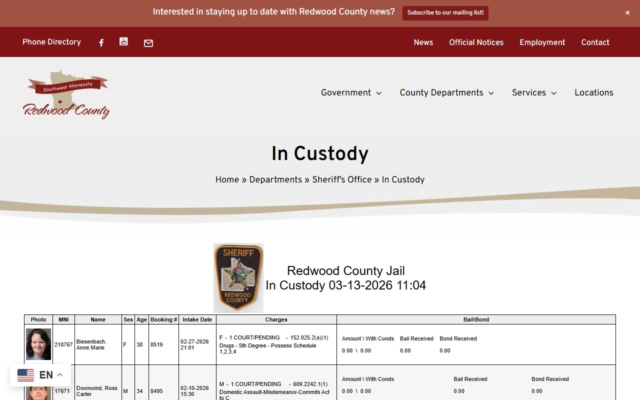 Redwood County in-custody jail roster page