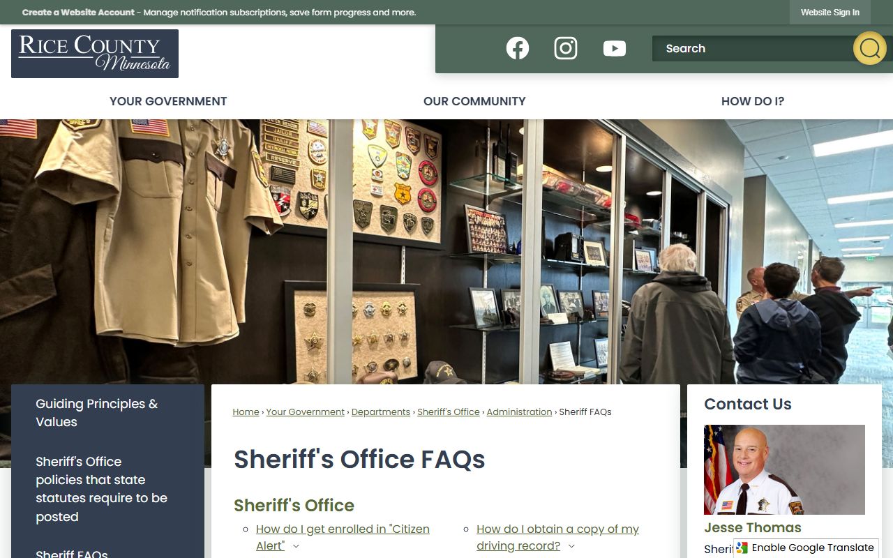 Rice County Sheriff's Office FAQ page