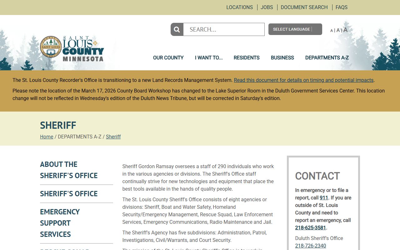 St. Louis County Sheriff's Office main page for police blotter records access