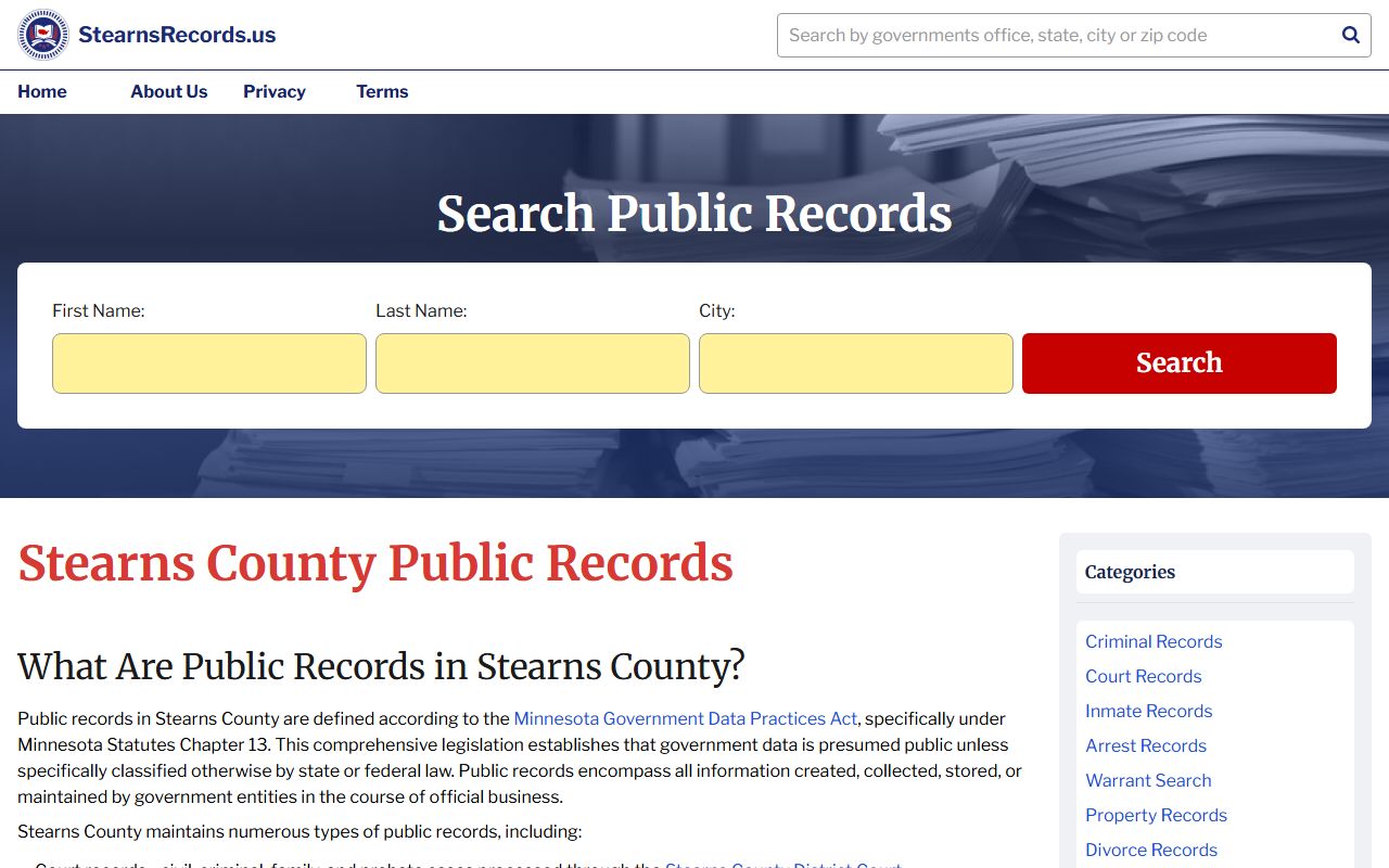 Stearns County online records request portal at stearnsrecords.us for police blotter data