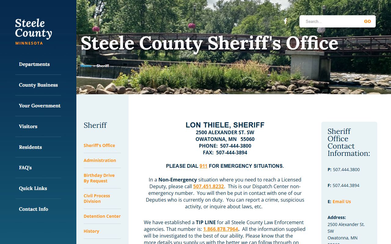 Steele County Sheriff's Office website showing police blotter access and public records tools