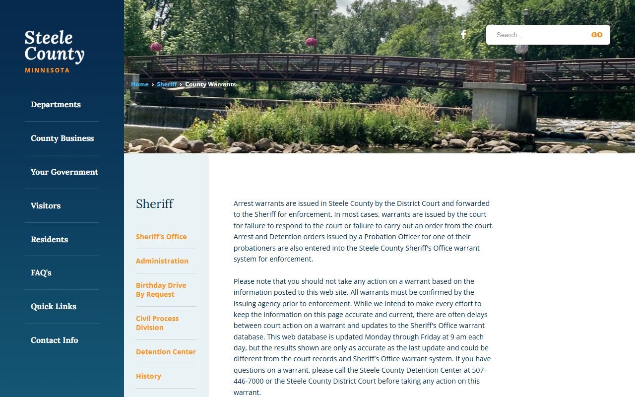 Steele County warrant database showing active warrants updated Monday through Friday