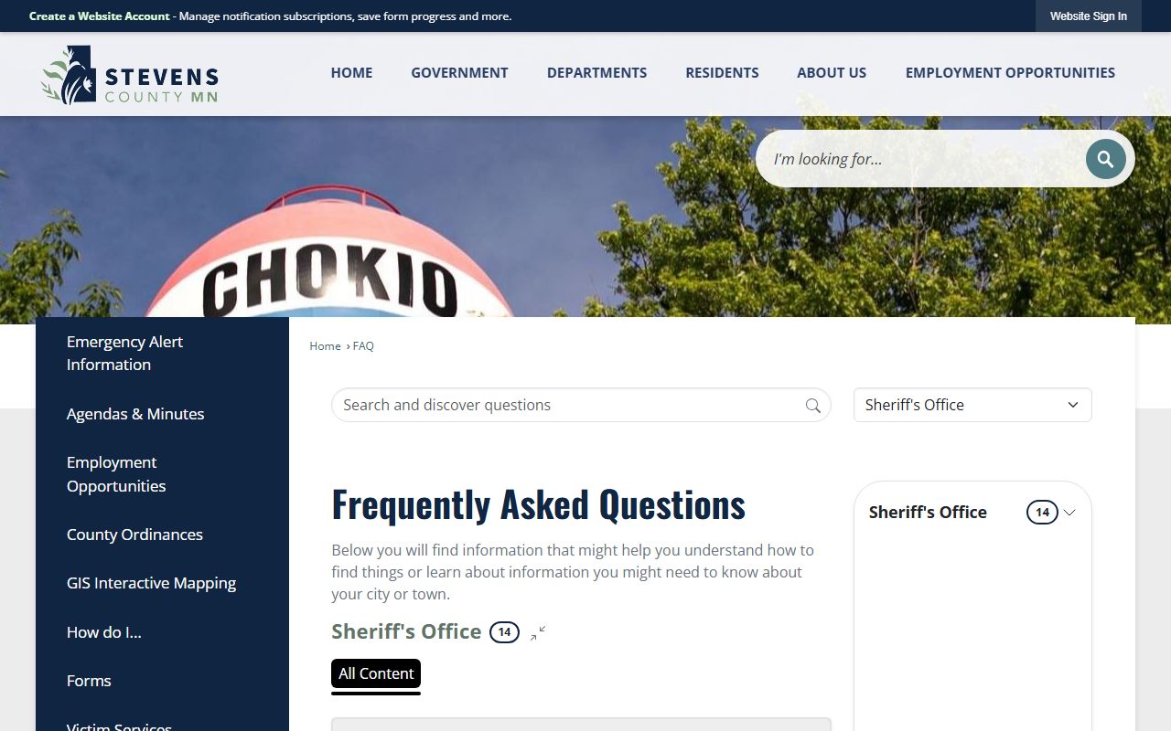 Stevens County Sheriff's Office FAQ page covering police blotter requests and public records questions