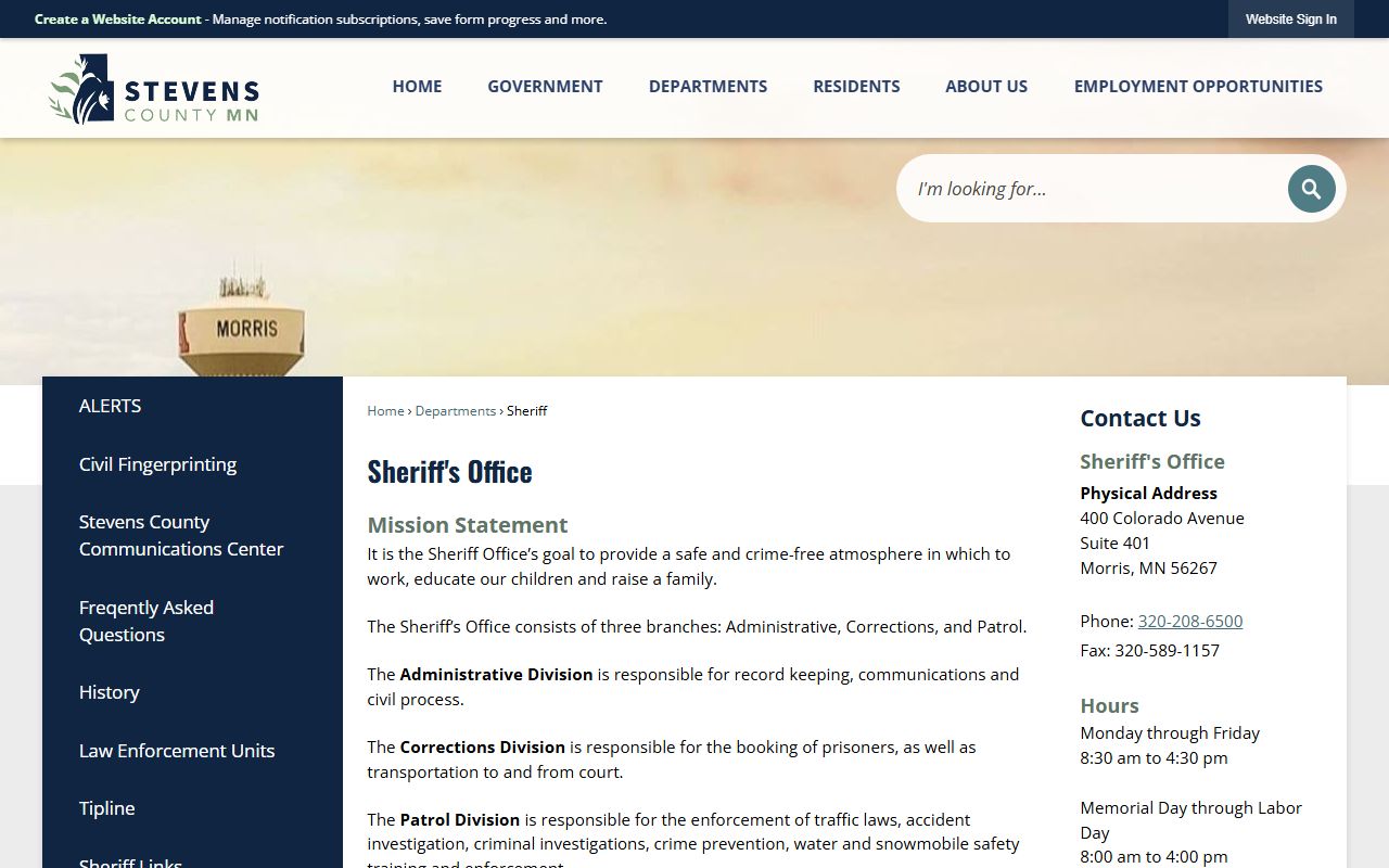 Stevens County Sheriff's Office website with police blotter and public records information