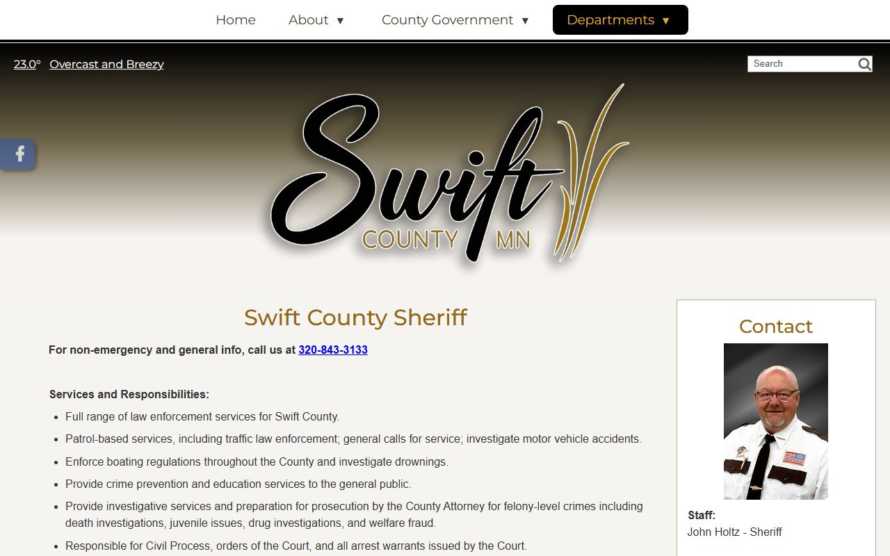 Swift County Sheriff's Office website showing department services and police blotter information