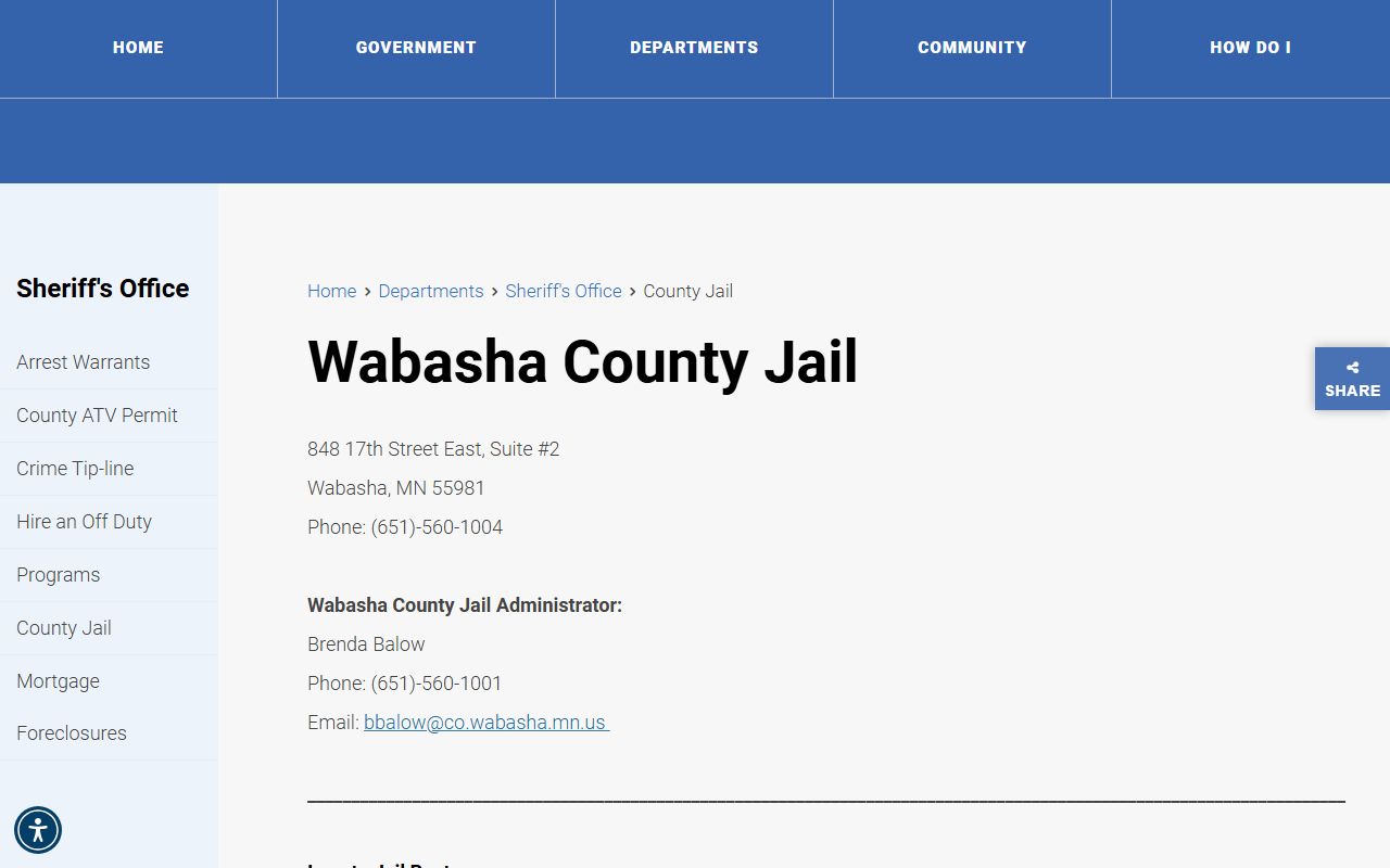 Wabasha County Jail information page showing visitation hours, inmate roster, and facility details