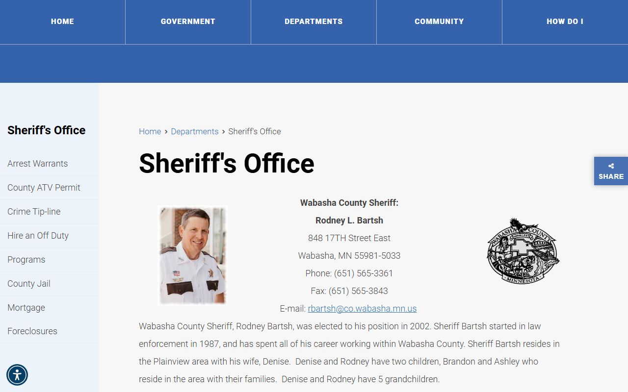 Wabasha County Sheriff's Office website showing police blotter access, warrant search, and public records tools