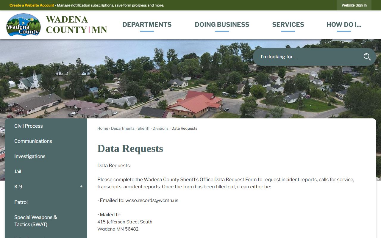 Wadena County data request page showing instructions, forms, and fees for requesting police blotter records