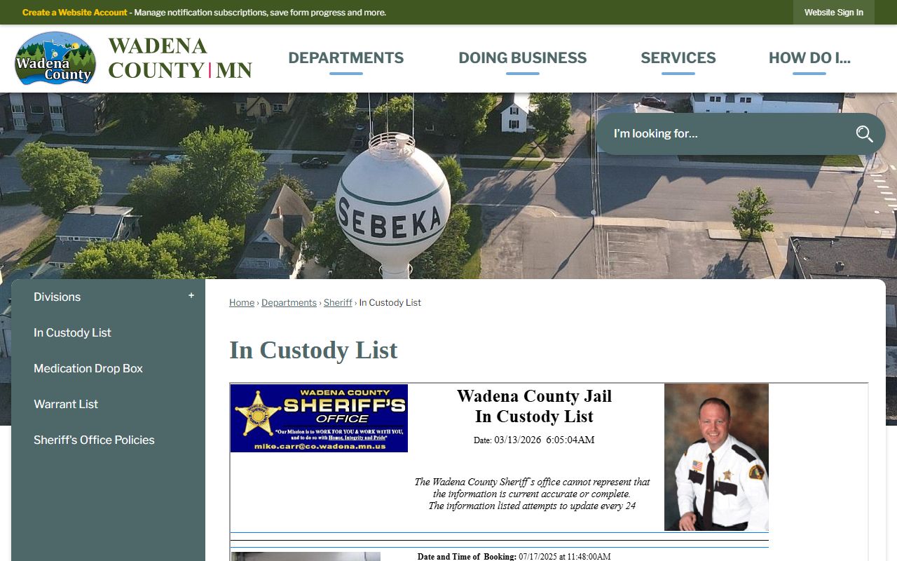 Wadena County in-custody list showing current jail roster as part of county police blotter public records