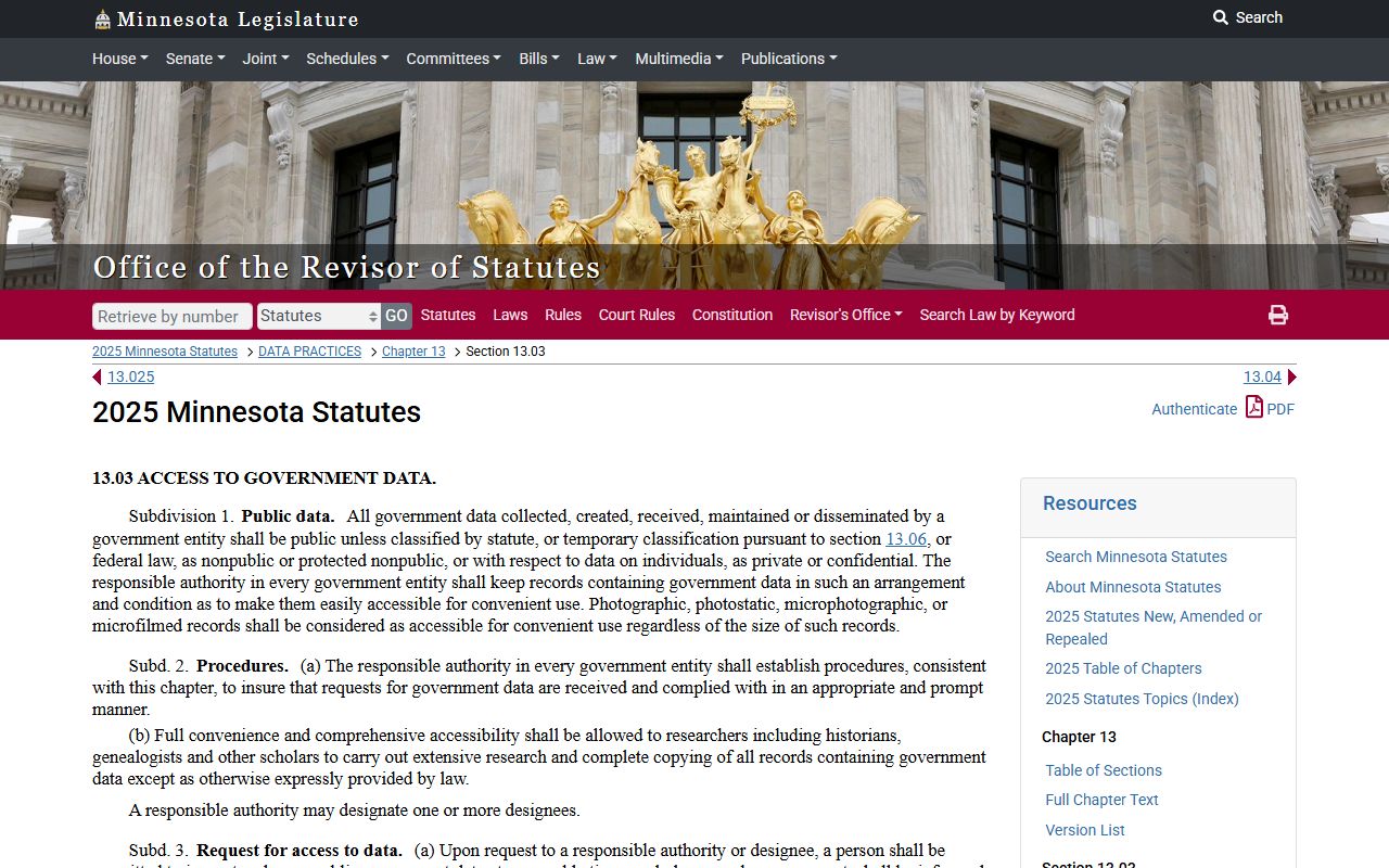 Minnesota Statutes 13.03 government data access rules for police blotter requests